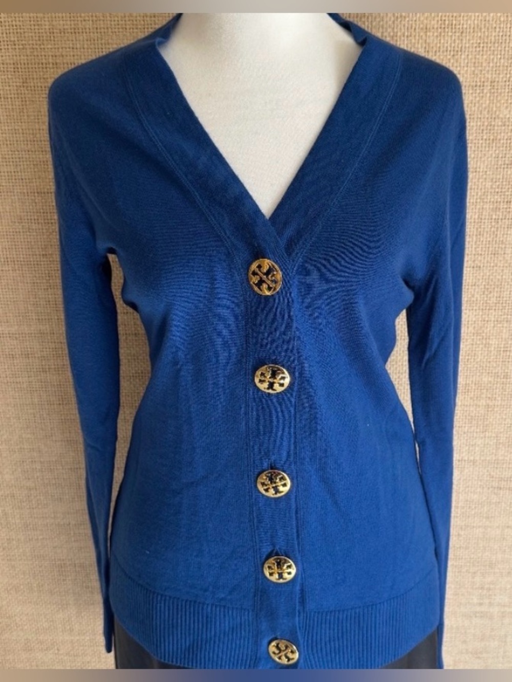 Tory Burch Royal Blue V-Neck Cardigan with Gold Buttons